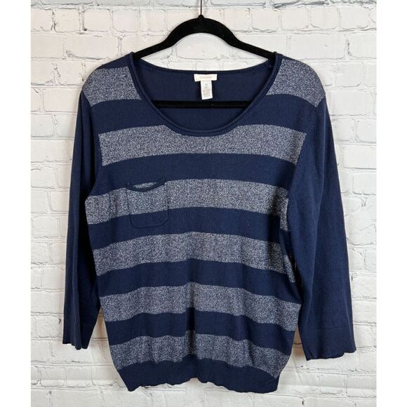 CHICO'S blue gray metallic striped 3/4 sleeve sweater pullover size 2 (12 L) - Picture 1 of 6